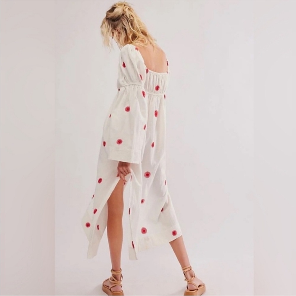 Free People Emory Embroidered Midi Dress‎ Ivory White Red Resort Beach NWT Small - Picture 5 of 10